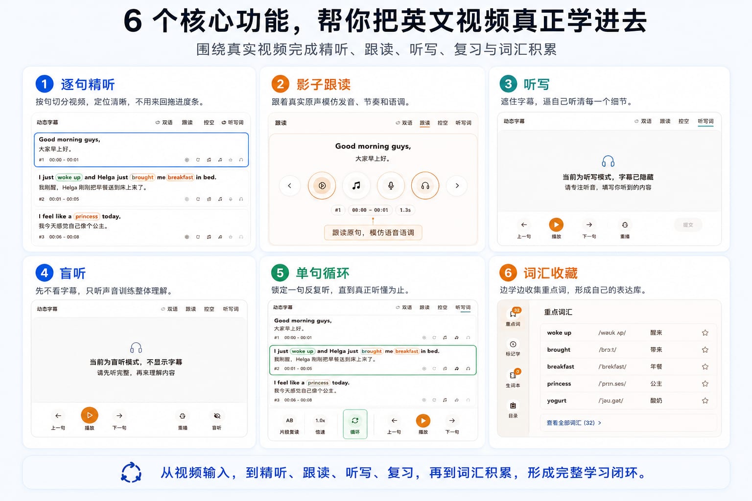 Video Language Learn 核心功能索引，包含逐句精听、跟读、听写、盲听和词汇收藏